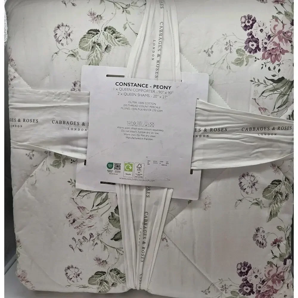 NEW Cabbages & Roses Constance Purple Pink Queen Comforter 3pc Set Cottage PEONY